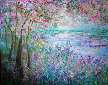 Kirschblüten Wildblumen Teich Bäume Gartendekoration Landschaft Wandkunst Naturlandschaft Ölgemälde